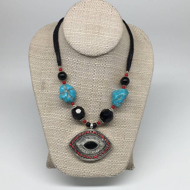 91.2 Grams, 22 "Long, 1.9"x2.2"x0.7" Pendant, Fashion Turkmen Necklace Beaded Black Carnelian Pendant Ats Statement Synthetic Turquoise von BibisHandmade