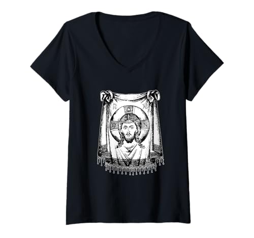 Damen Jesus Christus Gesicht Veronica Tuch Heiliger Heiliger Glaube Orthodox T-Shirt mit V-Ausschnitt von Bible Study