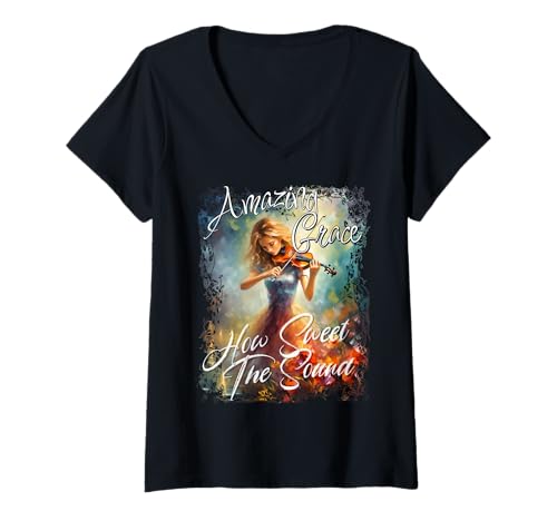 Damen Amazing Grace, wie süß der Sound ist T-Shirt mit V-Ausschnitt von Bible Verse Shirts
