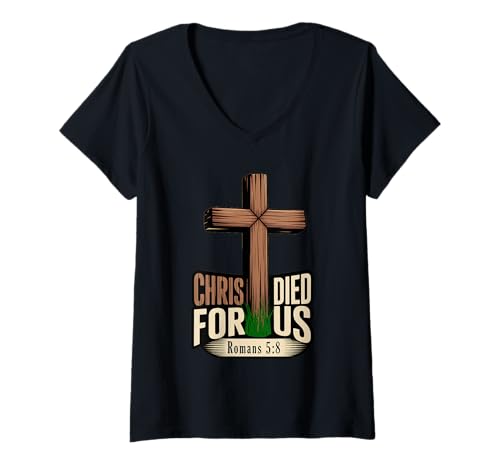 Damen Christus ist für Uns gestorben T-Shirt mit V-Ausschnitt von Bible Verse Shirts