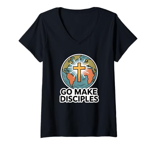 Damen Geht und Macht Jünger//Großer Auftrag Christi T-Shirt mit V-Ausschnitt von Bible Verse Shirts