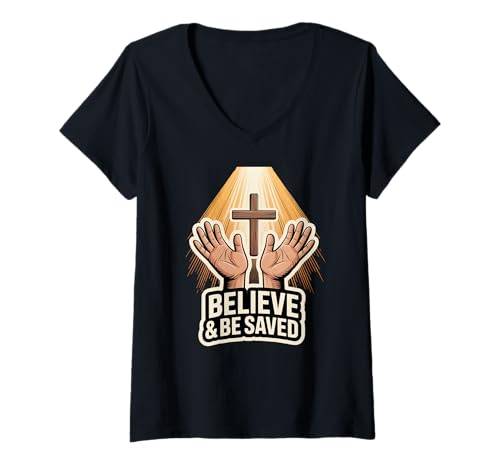 Damen Glaube und werde gerettet T-Shirt mit V-Ausschnitt von Bible Verse Shirts