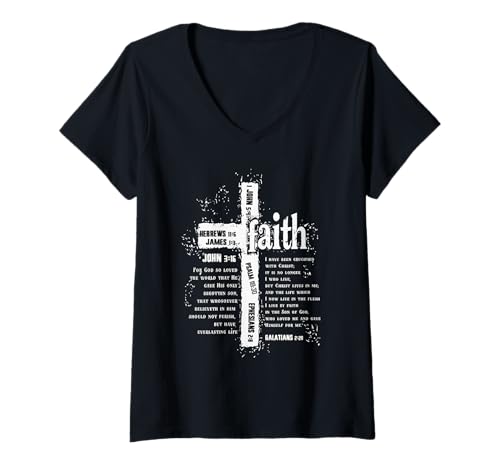 Damen Glaubenskreuz und Bibelverse T-Shirt mit V-Ausschnitt von Bible Verse Shirts