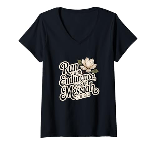 Damen Lauf mit Ausdauer, Augen auf den Messias Heb 12:1-2 T-Shirt mit V-Ausschnitt von Bible Verse Shirts