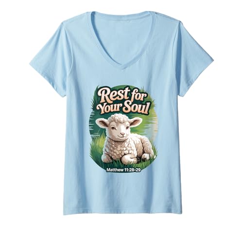 Damen Rest for Your Soul/Matthäus 11 / Friedliches Lamm durch Wasser T-Shirt mit V-Ausschnitt von Bible Verse Shirts