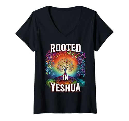 Damen Verwurzelt in Yeshua T-Shirt mit V-Ausschnitt von Bible Verse Shirts