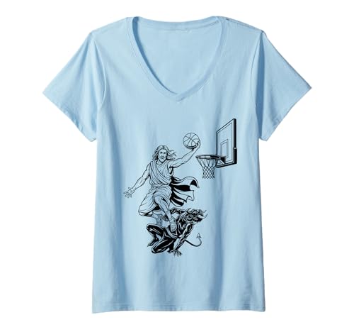 Damen Jesus Dunking lustiger christlicher religiöser spiritueller Basketball T-Shirt mit V-Ausschnitt von Bible