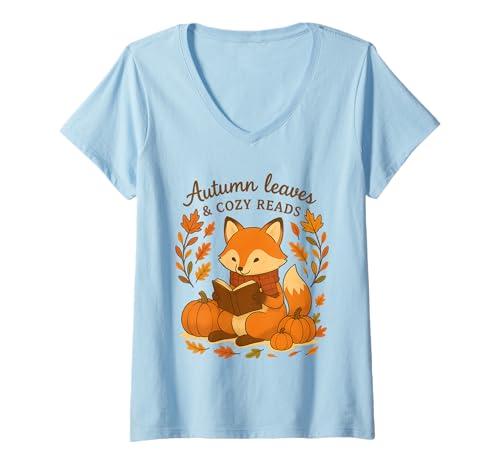 Damen Book Lover Cottagecore Fox Autumn Leaves Cozy Reads T-Shirt T-Shirt mit V-Ausschnitt Damen Book Lover Cottagecore Fox Autumn Leaves Cozy Reads T-Shirt T-Shirt mit V-Ausschnitt von Bibliophile Book Lovers Book Blogger Tees