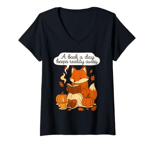 Damen Cottagecore Fall Fox EIN Buch am Tag hält die Realität fern T-Shirt T-Shirt mit V-Ausschnitt Damen Cottagecore Fall Fox EIN Buch am Tag hält die Realität fern T-Shirt T-Shirt mit V-Ausschnitt von Bibliophile Book Lovers Book Blogger Tees