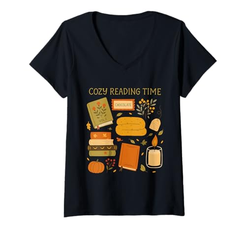 Damen Cozy Reading Time Book Lover Hygge Art T-Shirt mit V-Ausschnitt Damen Cozy Reading Time Book Lover Hygge Art T-Shirt mit V-Ausschnitt von Bibliophile Book Lovers Book Blogger Tees