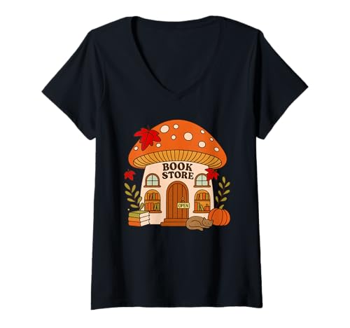 Damen Herbst Cozy Cottagecore Mushroom Bookstore T-Shirt für Buchliebhaber T-Shirt mit V-Ausschnitt Damen Herbst Cozy Cottagecore Mushroom Bookstore T-Shirt für Buchliebhaber T-Shirt mit V-Ausschnitt von Bibliophile Book Lovers Book Blogger Tees