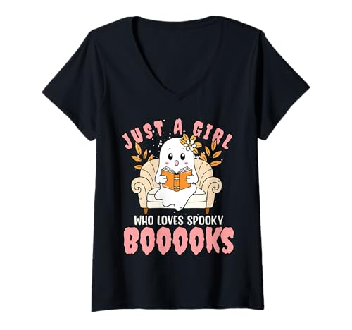 Damen Just a Girl Who Loves Spooky Books Halloween-T-Shirt T-Shirt mit V-Ausschnitt von Bibliophile Book Lovers Book Blogger Tees
