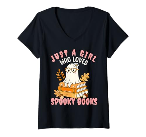 Damen Just a Girl Who Loves Spooky Books Halloween-T-Shirt T-Shirt mit V-Ausschnitt von Bibliophile Book Lovers Book Blogger Tees