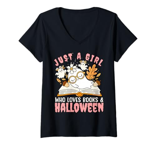 Damen Nur EIN Mädchen, das Bücher und Halloween-T-Shirt liebt T-Shirt mit V-Ausschnitt Damen Nur EIN Mädchen, das Bücher und Halloween-T-Shirt liebt T-Shirt mit V-Ausschnitt von Bibliophile Book Lovers Book Blogger Tees