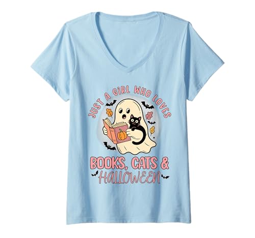 Damen Nur EIN Mädchen, das Bücher und Katzen liebt Halloween-T-Shirt T-Shirt mit V-Ausschnitt von Bibliophile Book Lovers Book Blogger Tees