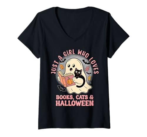 Damen Nur EIN Mädchen, das Bücher und Katzen liebt Halloween-T-Shirt T-Shirt mit V-Ausschnitt von Bibliophile Book Lovers Book Blogger Tees