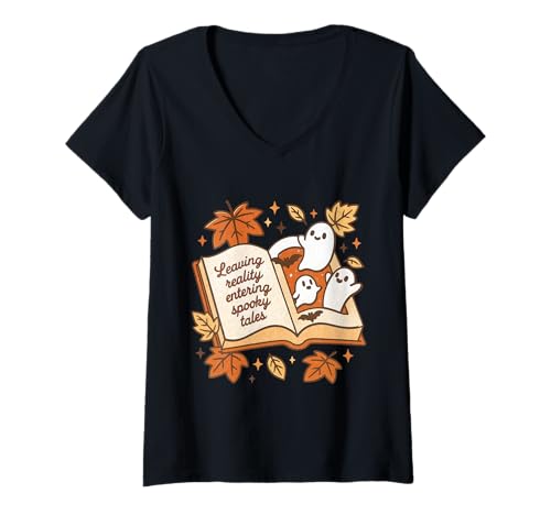 Damen Süßes Geister-T-Shirt für Herbst-Buchliebhaber T-Shirt mit V-Ausschnitt Damen Süßes Geister-T-Shirt für Herbst-Buchliebhaber T-Shirt mit V-Ausschnitt von Bibliophile Book Lovers Book Blogger Tees