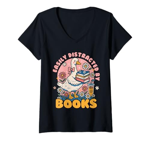 Damen T-Shirt für Buchliebhaber, leicht abgelenkt T-Shirt mit V-Ausschnitt Damen T-Shirt für Buchliebhaber, leicht abgelenkt T-Shirt mit V-Ausschnitt von Bibliophile Book Lovers Book Blogger Tees
