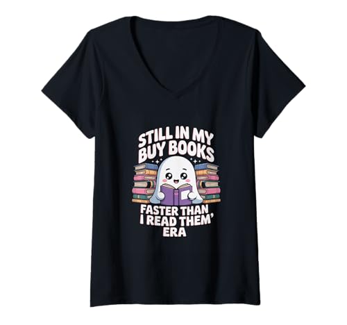 Damen Lustiger Buchliebhaber Ghost Reading Still In My Buy Books Era T-Shirt mit V-Ausschnitt Damen Lustiger Buchliebhaber Ghost Reading Still In My Buy Books Era T-Shirt mit V-Ausschnitt von Bibliophile Bookworm Gift Tee for Librarian Reader