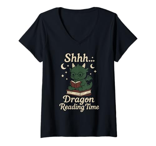 Damen Buch Drache Fantasy Reader Cozy Reading Book Lover Dragon T-Shirt mit V-Ausschnitt von Bibliophile Fantasy Reading Hoard Library Dragon