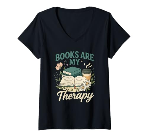 Damen Books Are My Therapy Cozy Book Lover Reading & Coffee T-Shirt mit V-Ausschnitt von Bibliophile Vibes Co.