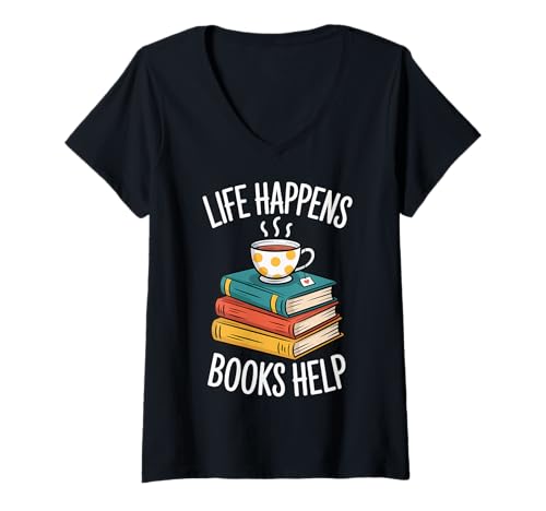 Damen Life Happens Books Help T-Shirt mit V-Ausschnitt Damen Life Happens Books Help T-Shirt mit V-Ausschnitt von Bibliophiler Bücherwurm Bibliothekar Leser Lesen