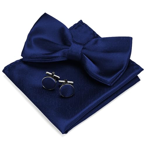 Bibykivn Fliege Herren,Einfarbig Fliege,Vorgebundene Fliege,Satin Klassische Fliege,Formeller Tuxedo Fliege,Einstecktuch mit Manschettenknöpfe Sets,Verstellbare Länge,für Hochzeit,Party (Navy Blau) von Bibykivn