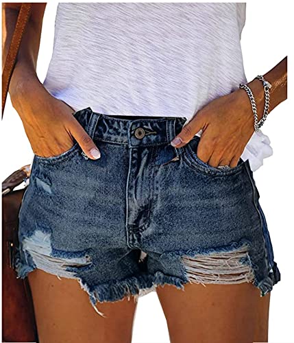 Bichingda Damen Denim Shorts Lässig Ausgefranster Saum Ripped Sommer Denim Jeans Shorts Hot Short Pants mit Taschen - Blau - Groß von Bichingda