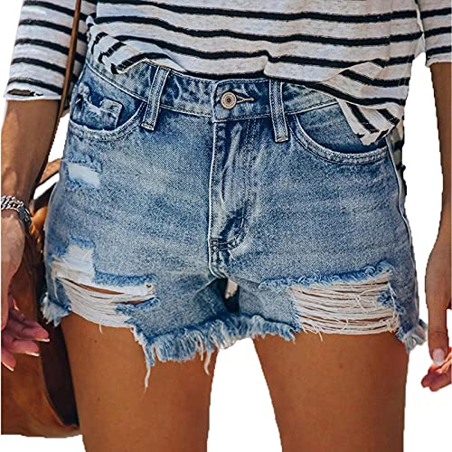 Bichingda Damen Denim Shorts Lässig Ausgefranster Saum Ripped Sommer Denim Jeans Shorts Hot Short Pants mit Taschen - Blau - Groß von Bichingda