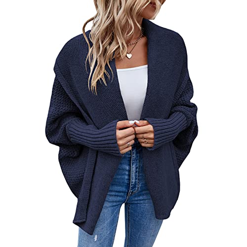 Bichingda Damen Kimono Fledermaus Zopfstrick Slouchy Oversized Wrap Cardigan Sweater Coat Outwear UK, Marineblau, XL von Bichingda