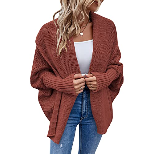 Bichingda Damen Kimono Fledermaus Zopfstrick Slouchy Oversized Wrap Cardigan Sweater Coat Outwear UK, Rostrot, XL von Bichingda