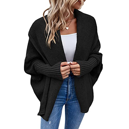 Bichingda Damen Kimono Batwing Zopfmuster Slouchy Oversized Wrap Cardigan Pullover Mantel Outwear UK, Schwarz , L von Bichingda