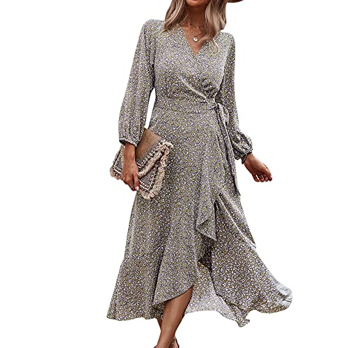 Bichingda Damen Kleid Polka Dot Blumendruck Langarm Wrap V Ausschnitt Fischschwanz Rüschensaum Langes Maxikleid, khaki, Groß von Bichingda