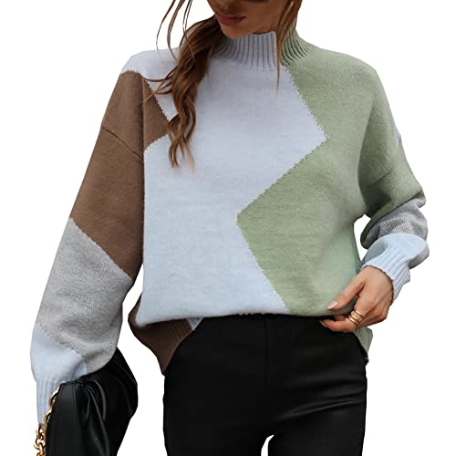Bichingda Damen Rollkragen Langarm Farbblock Casual Lose Strickpullover Jumper Tops, grün, M von Bichingda