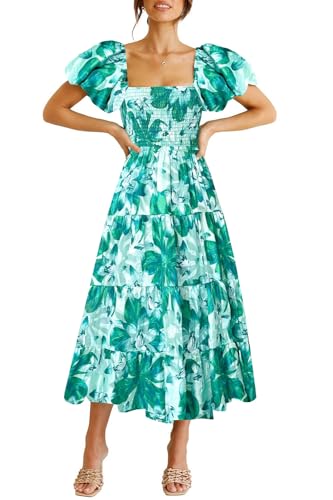 Bichingda Gesmoktes Maxikleid für Damen, quadratischer Ausschnitt, Rüschensaum, Puffy Kurzarm Midikleid, Grünes Blumenmuster, Groß von Bichingda