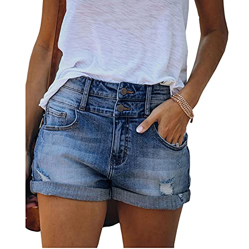 Bichingda Lässige Denim-Shorts für Damen, hohe Taille, ausgefranster Saum, zerrissene Sommerjeans, kurze Hotpants mit Taschen, Dunkelblau, Klein von Bichingda