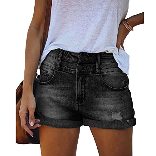 Bichingda Lässige Denim-Shorts für Damen, hohe Taille, ausgefranster Saum, gerissene Sommer-Jeans, kurze Hotpants mit Taschen, schwarz, X-Groß von Bichingda