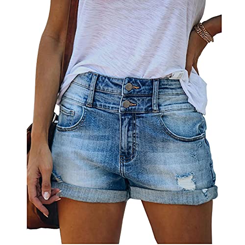 Bichingda Lässige Denim-Shorts für Damen, hohe Taille, ausgefranster Saum, gerissene Sommer-Jeans, kurze Hotpants mit Taschen - Blau - X-Groß von Bichingda