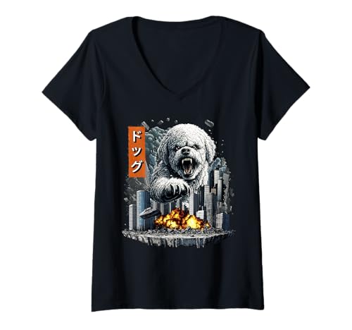 Damen Lustiger Bichon Frisé Hund Kaiju Monster Japanisch T-Shirt mit V-Ausschnitt von Bichon Frise Dog Kaiju Monster Clothing