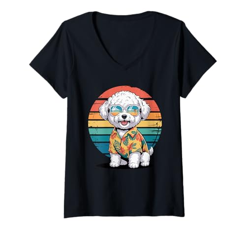 Damen Bichon Frise Sonnenbrille Hawaii Strand Sommer T-Shirt mit V-Ausschnitt von Bichon Frise Dog Lover Gifts