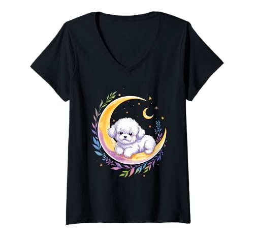 Damen Crescent Moon Bichon Frise Bichon Tenerife T-Shirt mit V-Ausschnitt von Bichon Frise Dog Lover Gifts
