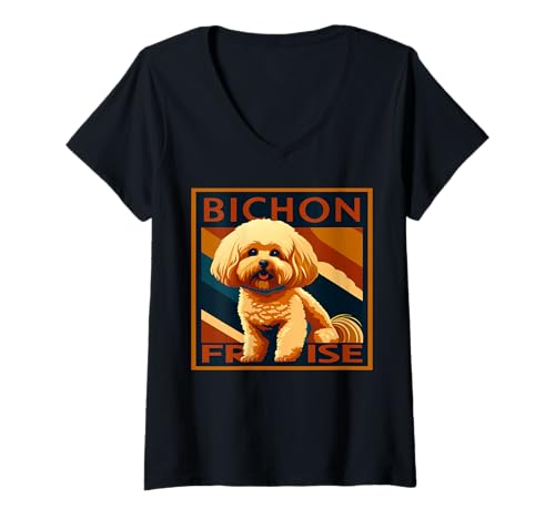 Damen Retro Bichon Frisé Puppy Joy T-Shirt mit V-Ausschnitt von Bichon Frise Gifts