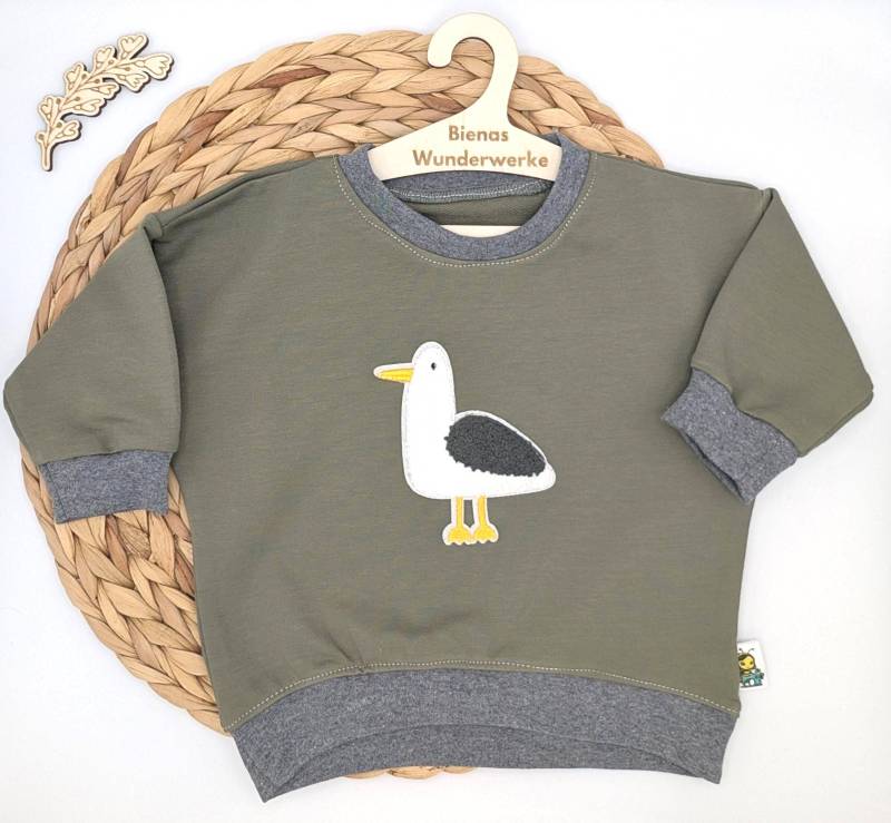 Kinderpullover Oversize Gr. 62/68 - French Terry Pullover Baby Jungen Möwen Motiv Kaki Geschenk Geburt Handmade von BienasWunderwerke