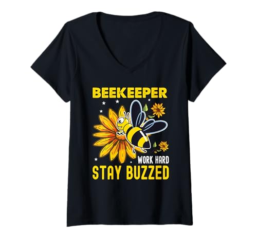 Damen Work Hard Stay Buzzed Lustiges Motiv für Imker T-Shirt mit V-Ausschnitt von Bienenfreunde Biene Imkerei Honig Natur