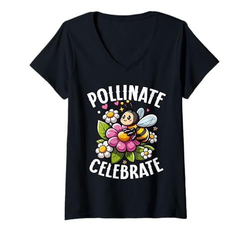 Damen Bestäuben Feiern Süße Biene Naturliebhaber T-Shirt mit V-Ausschnitt Damen Bestäuben Feiern Süße Biene Naturliebhaber T-Shirt mit V-Ausschnitt von Bienenstock Blühen Imker