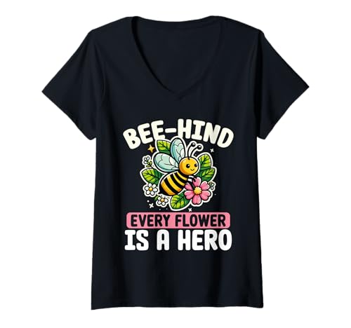 Damen Hinter Jeder Blume Steckt EIN Held – Süßer Bestäuber T-Shirt mit V-Ausschnitt von Bienenstock Blühende Imker
