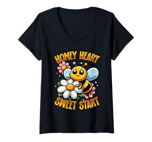 Damen Honig Herz Süßer Start Süße Biene Und Blumen Positivität T-Shirt mit V-Ausschnitt von Bienenstock Blühende Imker