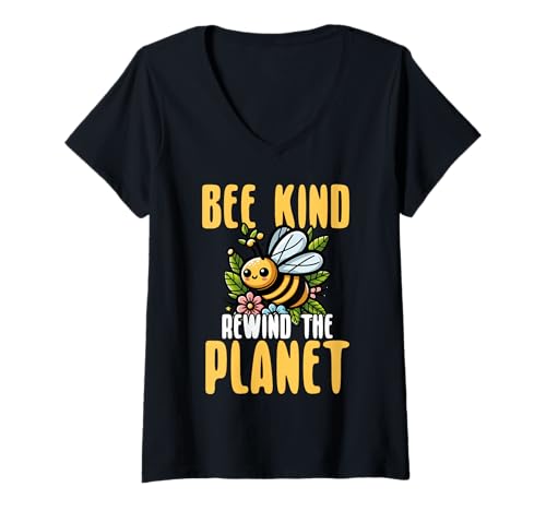 Damen Sei Freundlich, Spule Den Planeten Zurück, Süßer Erdertag T-Shirt mit V-Ausschnitt Damen Sei Freundlich, Spule Den Planeten Zurück, Süßer Erdertag T-Shirt mit V-Ausschnitt von Bienenstock Blüten Imker