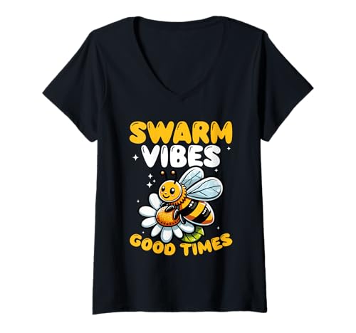 Damen Schwarm Vibes Gute Zeiten Süße Biene Positive Vibes T-Shirt mit V-Ausschnitt Damen Schwarm Vibes Gute Zeiten Süße Biene Positive Vibes T-Shirt mit V-Ausschnitt von Bienenstock Blumimker