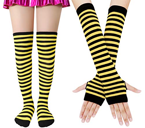 Bienvenu Damen-Socken, gestreift, kniehohe Socken, Armwärmer, fingerlose Handschuhe, Schwarz / Gelb, Einheitsgröße von Bienvenu